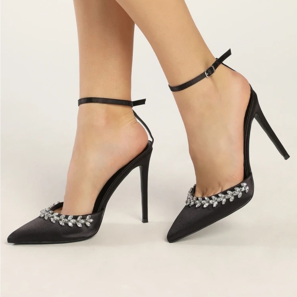 NWOT Lulus Gluray Black Satin Rhinestone Pointed-Toe Pumps